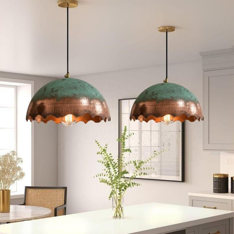 Handmade Copper Brass Pendant Light – Moroccan Scalloped Dome Hanging Lamp with Green Patina Top for Kitchen Island, Dining Room & Boho Home Décor