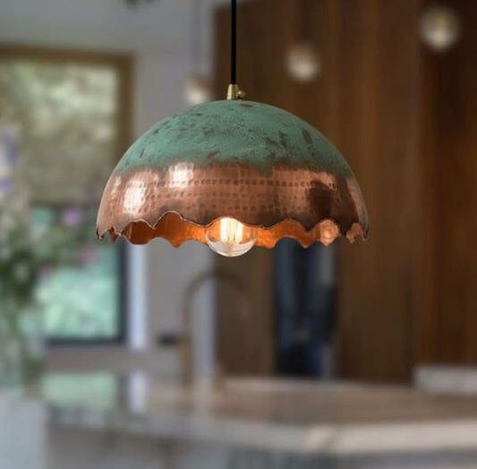 Handmade Copper Brass Pendant Light – Moroccan Scalloped Dome Hanging Lamp with Green Patina Top for Kitchen Island, Dining Room & Boho Home Décor
