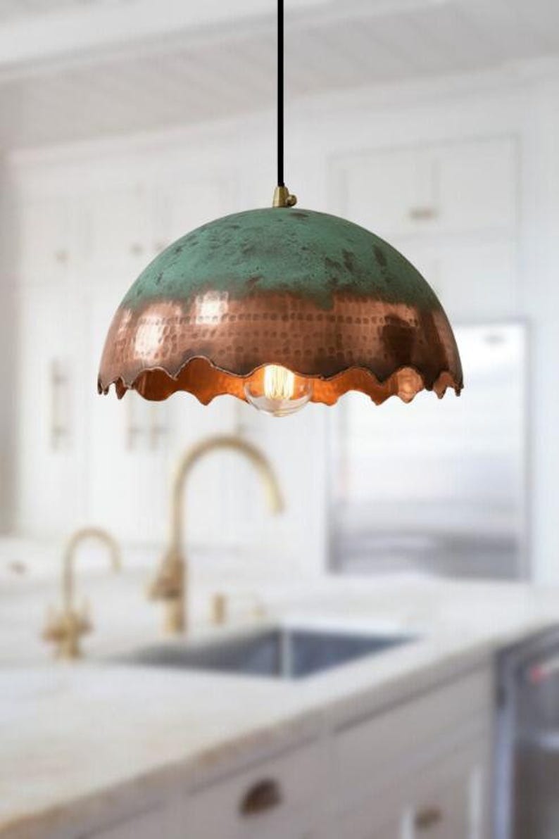 Handmade Copper Brass Pendant Light – Moroccan Scalloped Dome Hanging Lamp with Green Patina Top for Kitchen Island, Dining Room & Boho Home Décor