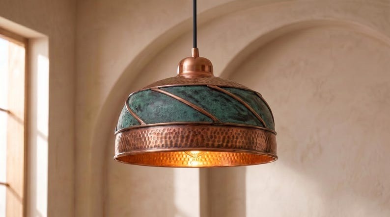 Handmade Brass Moroccan Dome Pendant Light – Copper & Verdigris Green Patina Hanging Lamp, Hammered Brass Kitchen Island Ceiling Light Fixture