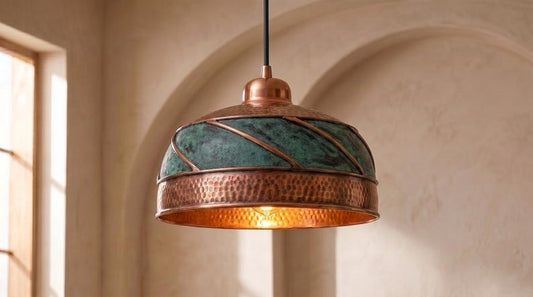 Handmade Brass Moroccan Dome Pendant Light – Copper & Verdigris Green Patina Hanging Lamp, Hammered Brass Kitchen Island Ceiling Light Fixture
