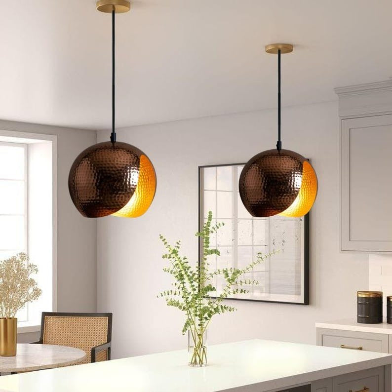 Handmade Hammered Brass Pendant Light – Moroccan Crescent Globe Hanging Lamp with Copper Finish & Warm Gold Interior for Kitchen Island, Dining Room & Boho Home Décor