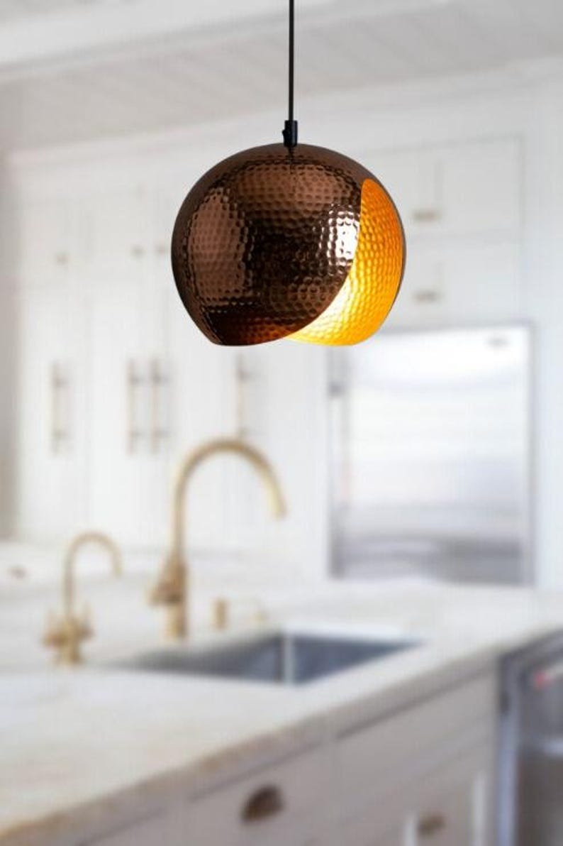 Handmade Hammered Brass Pendant Light – Moroccan Crescent Globe Hanging Lamp with Copper Finish & Warm Gold Interior for Kitchen Island, Dining Room & Boho Home Décor