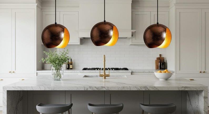 Handmade Hammered Brass Pendant Light – Moroccan Crescent Globe Hanging Lamp with Copper Finish & Warm Gold Interior for Kitchen Island, Dining Room & Boho Home Décor