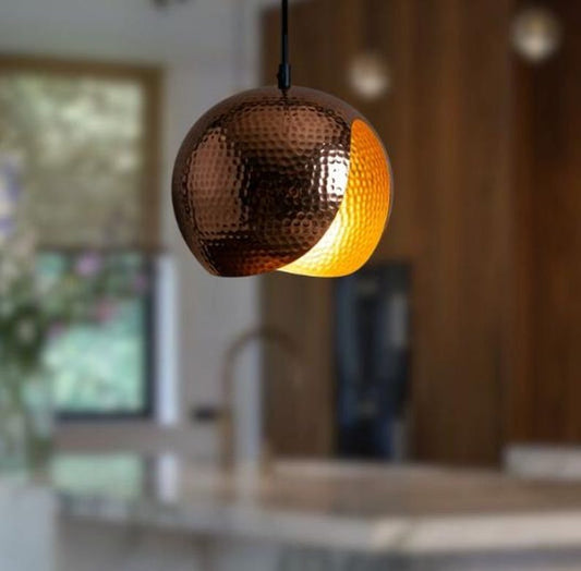 Handmade Hammered Brass Pendant Light – Moroccan Crescent Globe Hanging Lamp with Copper Finish & Warm Gold Interior for Kitchen Island, Dining Room & Boho Home Décor