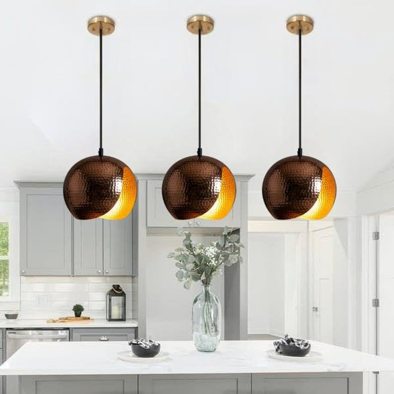 Handmade Hammered Brass Pendant Light – Moroccan Crescent Globe Hanging Lamp with Copper Finish & Warm Gold Interior for Kitchen Island, Dining Room & Boho Home Décor