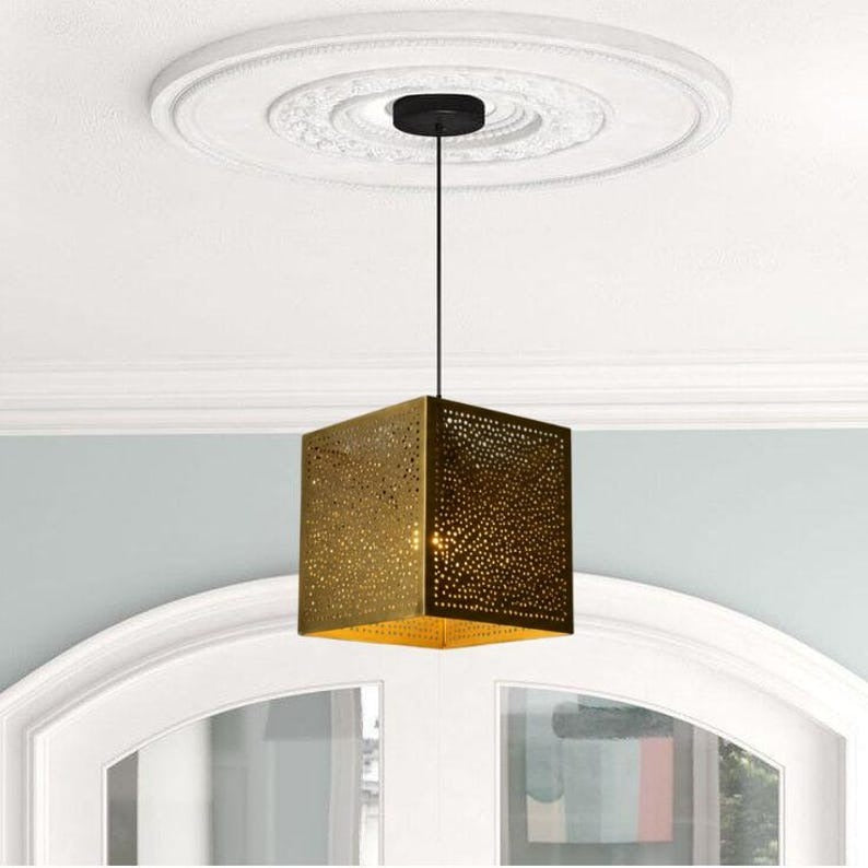 Handmade Brass Pendant Light – Moroccan Cube Hanging Lamp with Perforated Shadow Pattern for Kitchen Island, Dining Room & Modern Boho Home Décor