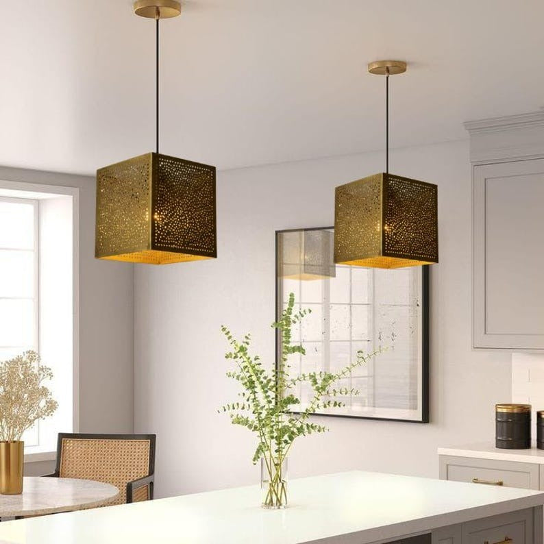 Handmade Brass Pendant Light – Moroccan Cube Hanging Lamp with Perforated Shadow Pattern for Kitchen Island, Dining Room & Modern Boho Home Décor