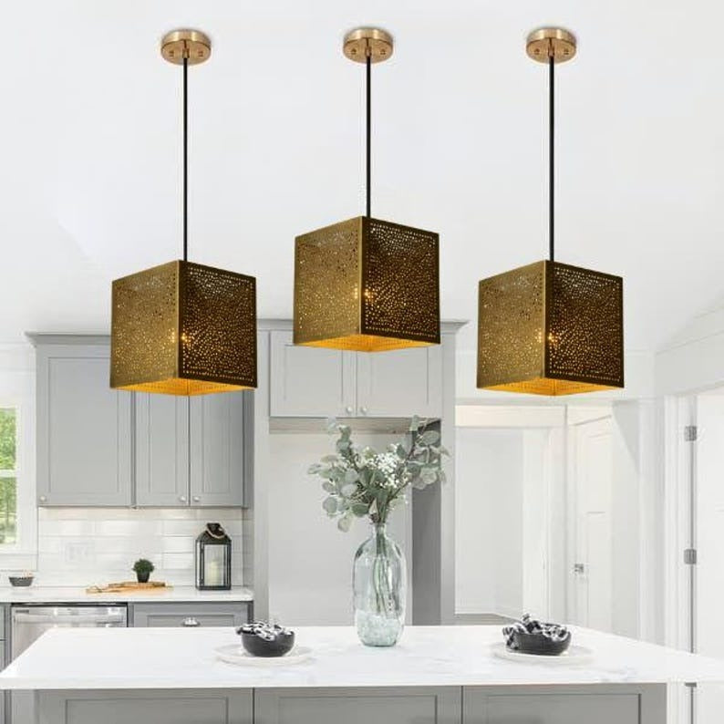 Handmade Brass Pendant Light – Moroccan Cube Hanging Lamp with Perforated Shadow Pattern for Kitchen Island, Dining Room & Modern Boho Home Décor