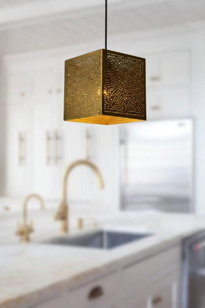Handmade Brass Pendant Light – Moroccan Cube Hanging Lamp with Perforated Shadow Pattern for Kitchen Island, Dining Room & Modern Boho Home Décor