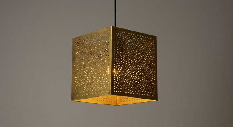Handmade Brass Pendant Light – Moroccan Cube Hanging Lamp with Perforated Shadow Pattern for Kitchen Island, Dining Room & Modern Boho Home Décor