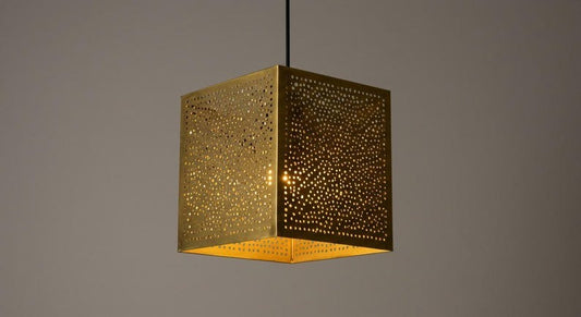 Handmade Brass Pendant Light – Moroccan Cube Hanging Lamp with Perforated Shadow Pattern for Kitchen Island, Dining Room & Modern Boho Home Décor