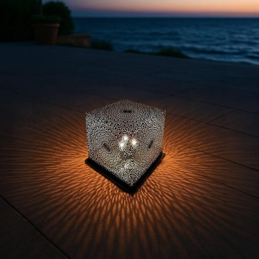 Handmade Moroccan Brass Table Lamp – Pierced Cube Lantern with Geometric Floral Cutouts, Shadow Casting Moorish Accent Light for Bedroom & Living Room