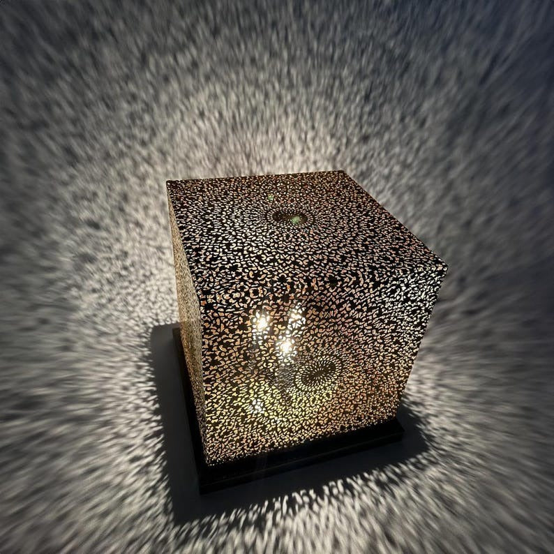 Handmade Moroccan Brass Table Lamp – Pierced Cube Lantern with Geometric Floral Cutouts, Shadow Casting Moorish Accent Light for Bedroom & Living Room