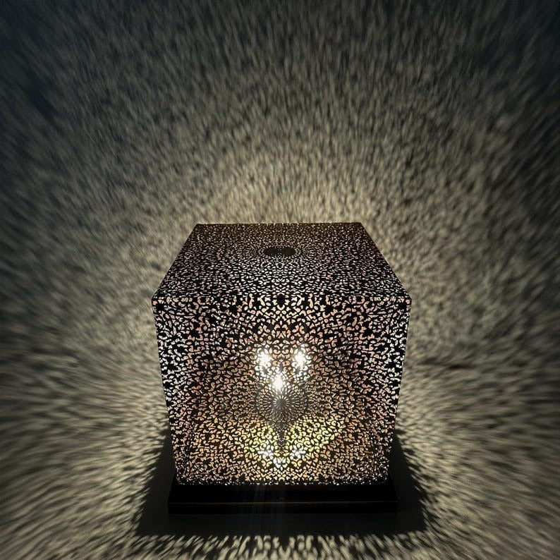 Handmade Moroccan Brass Table Lamp – Pierced Cube Lantern with Geometric Floral Cutouts, Shadow Casting Moorish Accent Light for Bedroom & Living Room