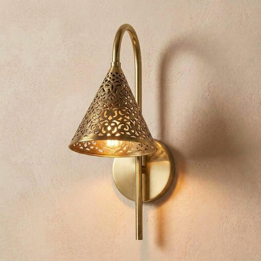 Handmade Moroccan Brass Wall Sconce – Pierced Gold Brass Cone Wall Light with Curved Gooseneck Arm, Ornate Boho Bedside Lamp for Bedroom, Hallway, Bathroom & Entryway