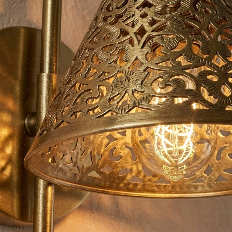 Handmade Moroccan Brass Wall Sconce – Pierced Gold Brass Cone Wall Light with Curved Gooseneck Arm, Ornate Boho Bedside Lamp for Bedroom, Hallway, Bathroom & Entryway