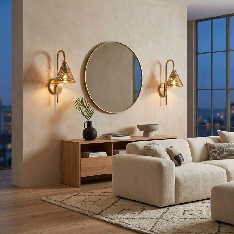 Handmade Moroccan Brass Wall Sconce – Pierced Gold Brass Cone Wall Light with Curved Gooseneck Arm, Ornate Boho Bedside Lamp for Bedroom, Hallway, Bathroom & Entryway