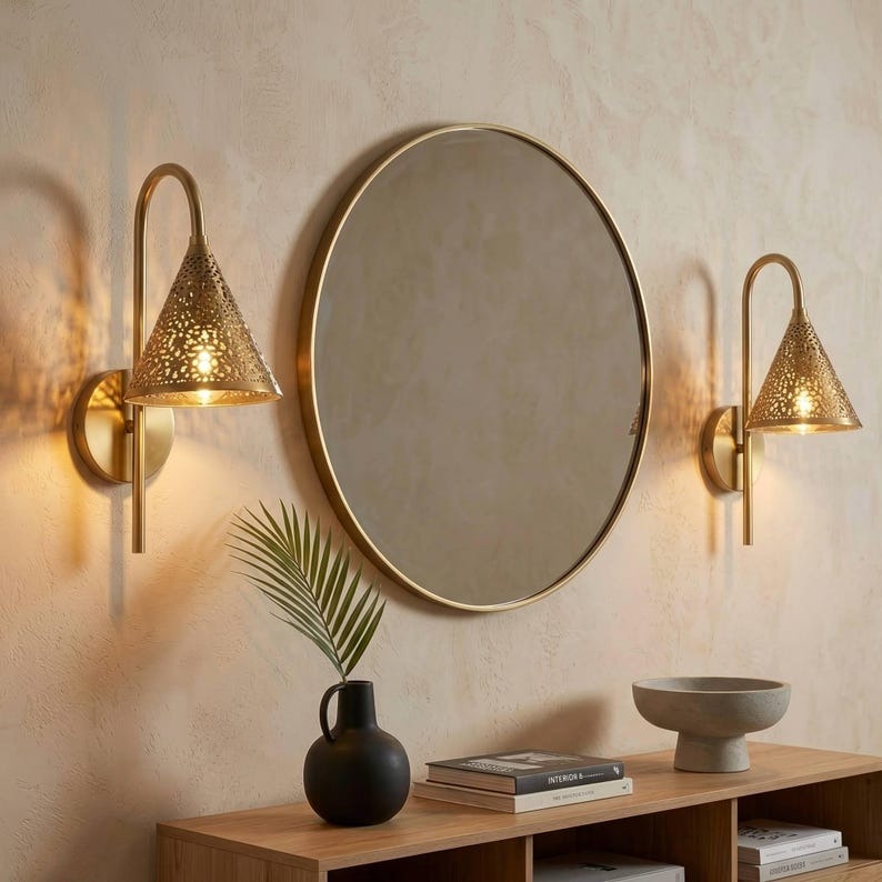 Handmade Moroccan Brass Wall Sconce – Pierced Gold Brass Cone Wall Light with Curved Gooseneck Arm, Ornate Boho Bedside Lamp for Bedroom, Hallway, Bathroom & Entryway