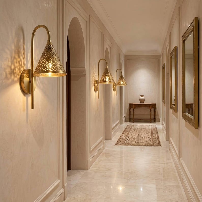 Handmade Moroccan Brass Wall Sconce – Pierced Gold Brass Cone Wall Light with Curved Gooseneck Arm, Ornate Boho Bedside Lamp for Bedroom, Hallway, Bathroom & Entryway