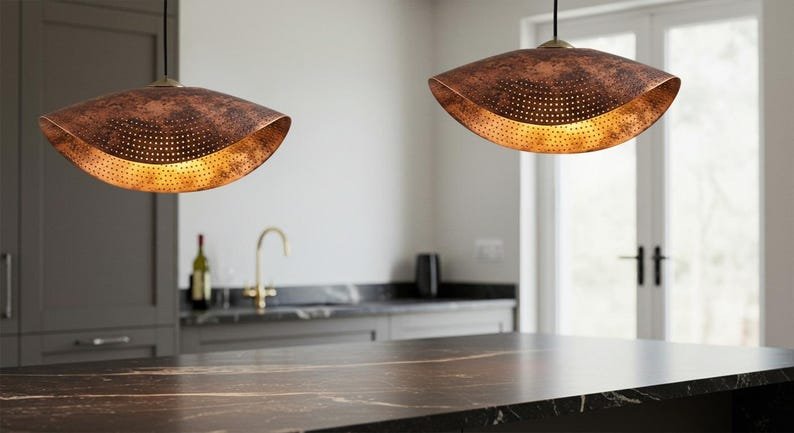 Brass Curved Hammered Pendant Light – Handmade Rustic Copper Hanging Ceiling Lamp, Modern Vintage Kitchen Island Lighting