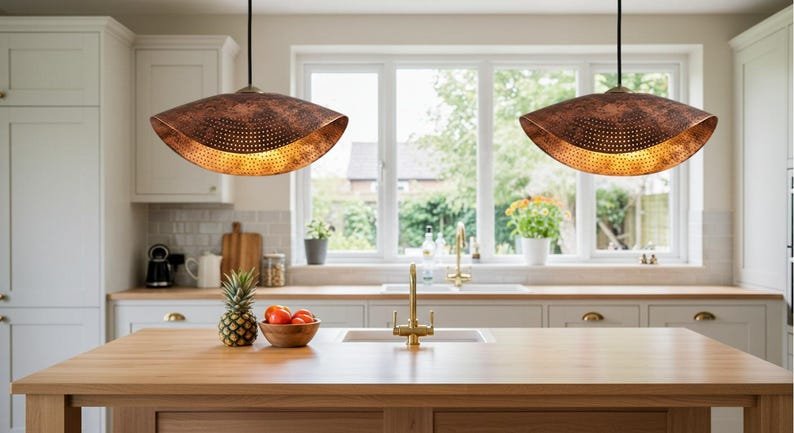 Brass Curved Hammered Pendant Light – Handmade Rustic Copper Hanging Ceiling Lamp, Modern Vintage Kitchen Island Lighting