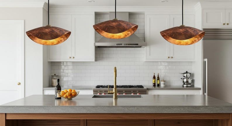 Brass Curved Hammered Pendant Light – Handmade Rustic Copper Hanging Ceiling Lamp, Modern Vintage Kitchen Island Lighting