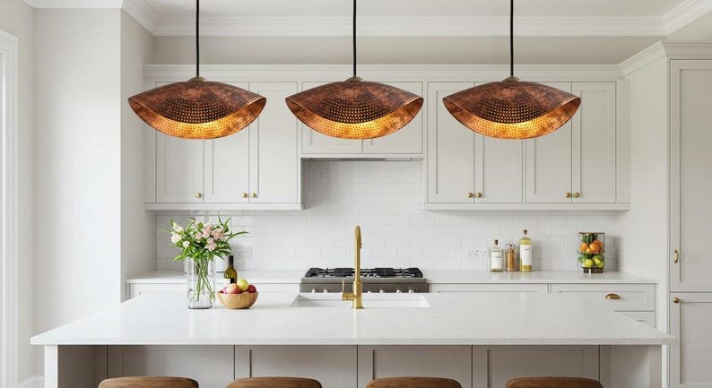 Brass Curved Hammered Pendant Light – Handmade Rustic Copper Hanging Ceiling Lamp, Modern Vintage Kitchen Island Lighting