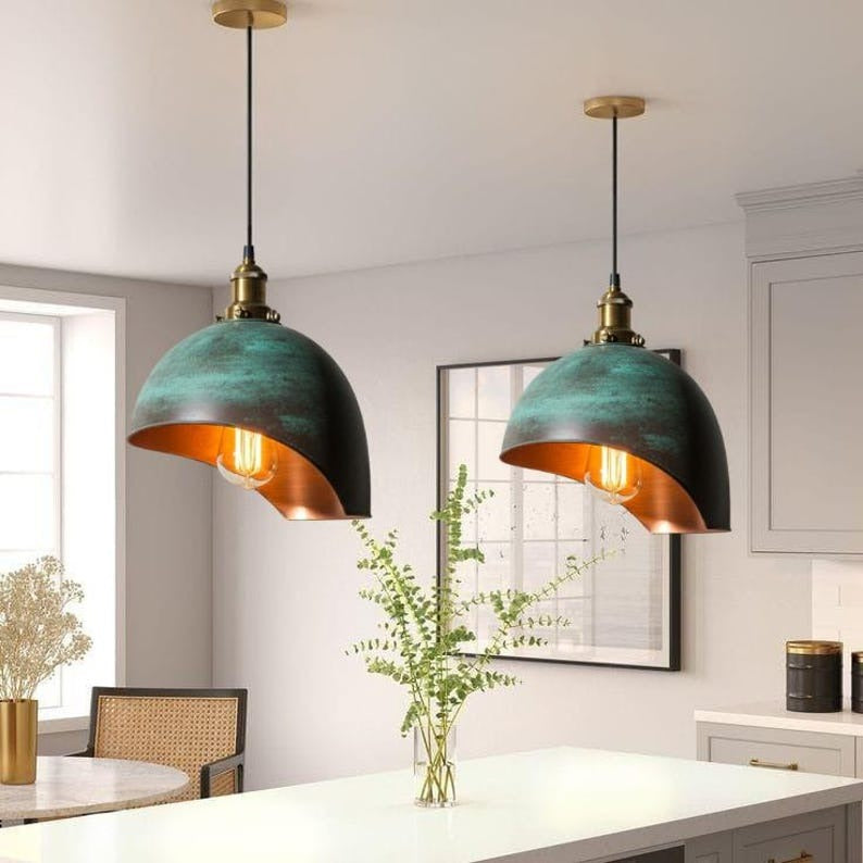 Handmade Green Patina Brass Pendant Light – Moroccan Cutaway Dome Hanging Lamp with Warm Copper Interior for Kitchen Island, Dining Room & Boho Home Décor