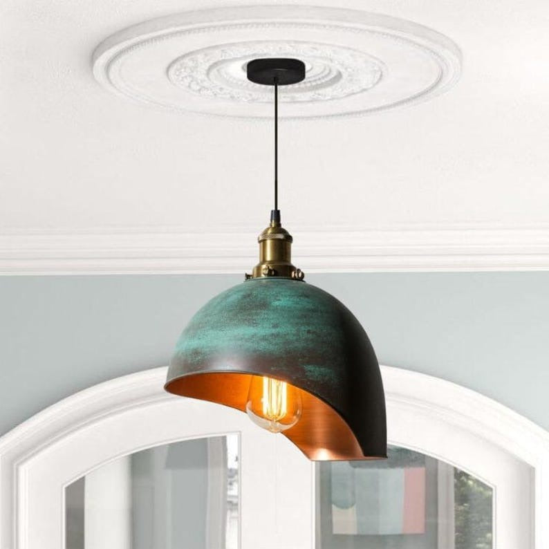 Handmade Green Patina Brass Pendant Light – Moroccan Cutaway Dome Hanging Lamp with Warm Copper Interior for Kitchen Island, Dining Room & Boho Home Décor