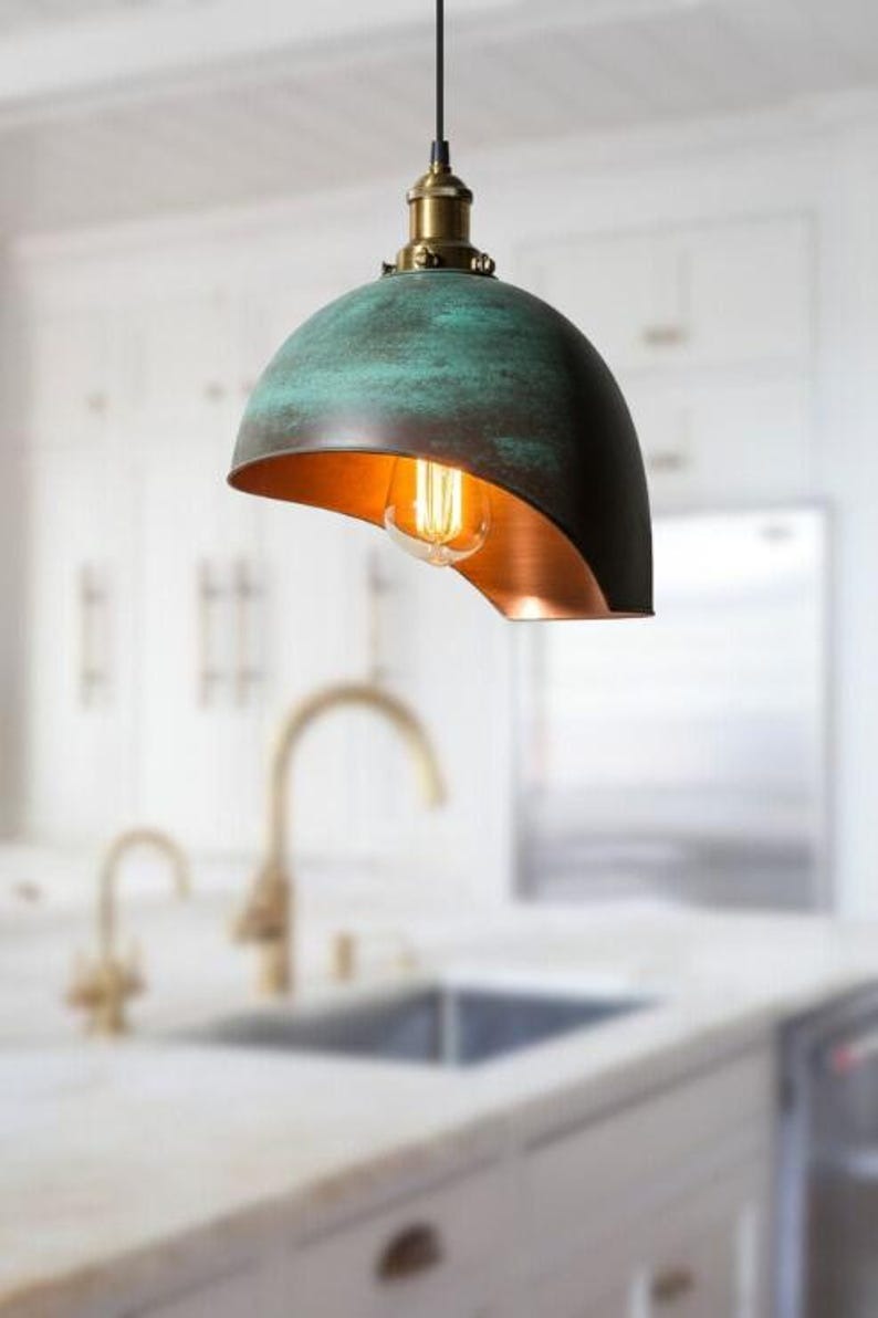 Handmade Green Patina Brass Pendant Light – Moroccan Cutaway Dome Hanging Lamp with Warm Copper Interior for Kitchen Island, Dining Room & Boho Home Décor