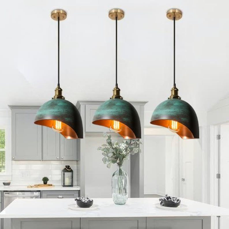 Handmade Green Patina Brass Pendant Light – Moroccan Cutaway Dome Hanging Lamp with Warm Copper Interior for Kitchen Island, Dining Room & Boho Home Décor