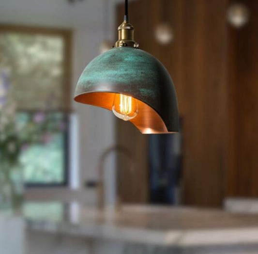 Handmade Green Patina Brass Pendant Light – Moroccan Cutaway Dome Hanging Lamp with Warm Copper Interior for Kitchen Island, Dining Room & Boho Home Décor
