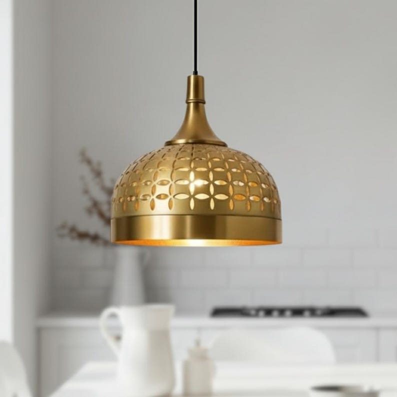 Handmade Brass Pendant Light – Moroccan Gold Dome Hanging Lamp with Geometric Cutout Pattern for Kitchen Island, Dining Room & Modern Boho Home Décor