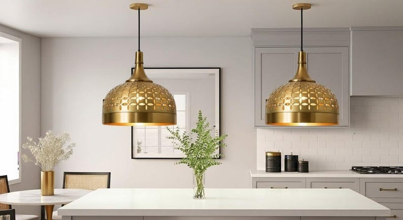 Handmade Brass Pendant Light – Moroccan Gold Dome Hanging Lamp with Geometric Cutout Pattern for Kitchen Island, Dining Room & Modern Boho Home Décor