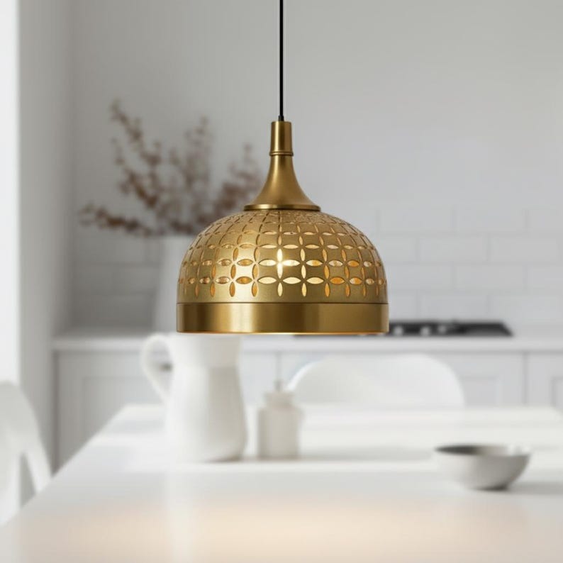 Handmade Brass Pendant Light – Moroccan Gold Dome Hanging Lamp with Geometric Cutout Pattern for Kitchen Island, Dining Room & Modern Boho Home Décor