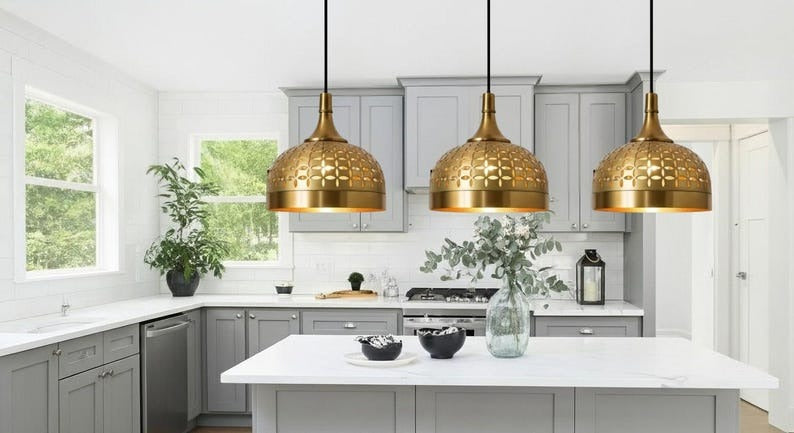 Handmade Brass Pendant Light – Moroccan Gold Dome Hanging Lamp with Geometric Cutout Pattern for Kitchen Island, Dining Room & Modern Boho Home Décor