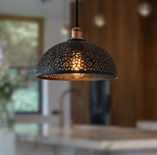 Handmade Black Perforated Brass Pendant Light – Moroccan Dome Hanging Lamp with Floral Cutout Pattern & Warm Copper Interior for Kitchen Island, Dining Room & Boho Home Décor
