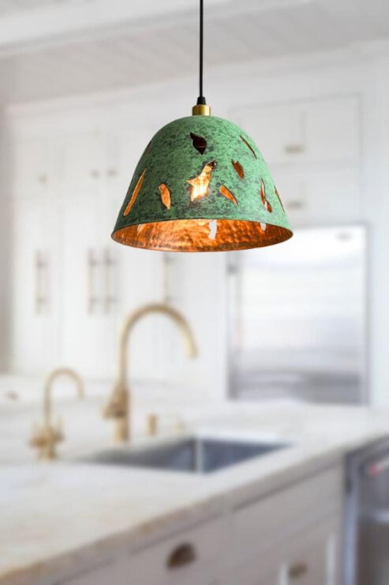 Handmade Green Patina Brass Pendant Light – Moroccan Cutout Dome Pendant Lamp with Warm Brass Interior for Kitchen Island, Entryway & Boho Home Décor