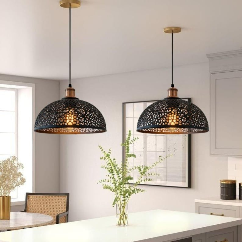 Handmade Black Perforated Brass Pendant Light – Moroccan Dome Hanging Lamp with Floral Cutout Pattern & Warm Copper Interior for Kitchen Island, Dining Room & Boho Home Décor