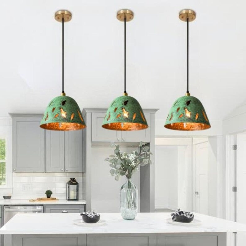 Handmade Green Patina Brass Pendant Light – Moroccan Cutout Dome Pendant Lamp with Warm Brass Interior for Kitchen Island, Entryway & Boho Home Décor