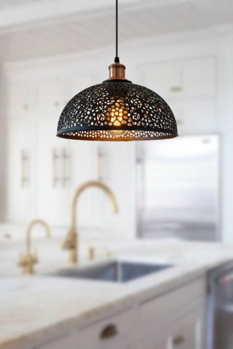 Handmade Black Perforated Brass Pendant Light – Moroccan Dome Hanging Lamp with Floral Cutout Pattern & Warm Copper Interior for Kitchen Island, Dining Room & Boho Home Décor