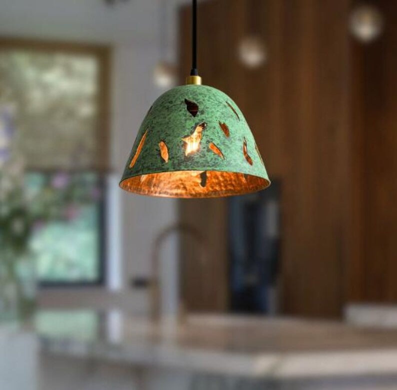 Handmade Green Patina Brass Pendant Light – Moroccan Cutout Dome Pendant Lamp with Warm Brass Interior for Kitchen Island, Entryway & Boho Home Décor