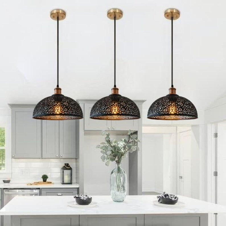 Handmade Black Perforated Brass Pendant Light – Moroccan Dome Hanging Lamp with Floral Cutout Pattern & Warm Copper Interior for Kitchen Island, Dining Room & Boho Home Décor