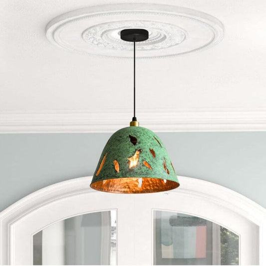 Handmade Green Patina Brass Pendant Light – Moroccan Cutout Dome Pendant Lamp with Warm Brass Interior for Kitchen Island, Entryway & Boho Home Décor