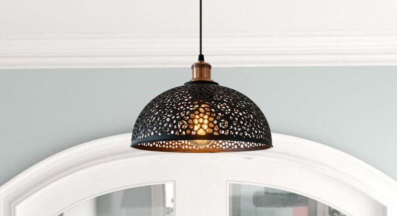 Handmade Black Perforated Brass Pendant Light – Moroccan Dome Hanging Lamp with Floral Cutout Pattern & Warm Copper Interior for Kitchen Island, Dining Room & Boho Home Décor