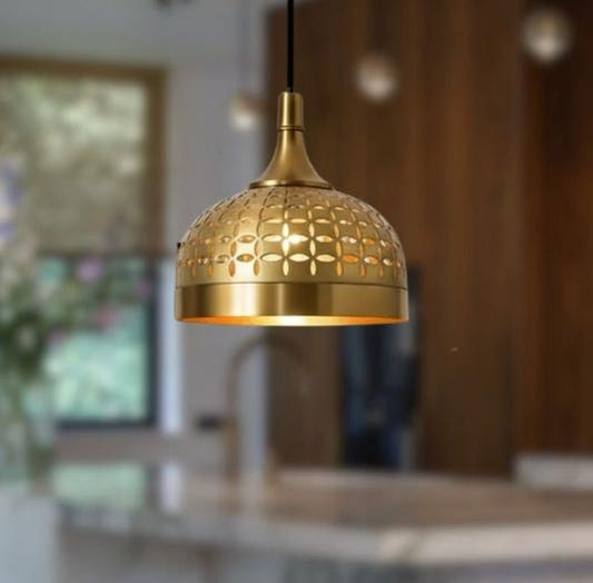 Handmade Brass Pendant Light – Moroccan Gold Dome Hanging Lamp with Geometric Cutout Pattern for Kitchen Island, Dining Room & Modern Boho Home Décor