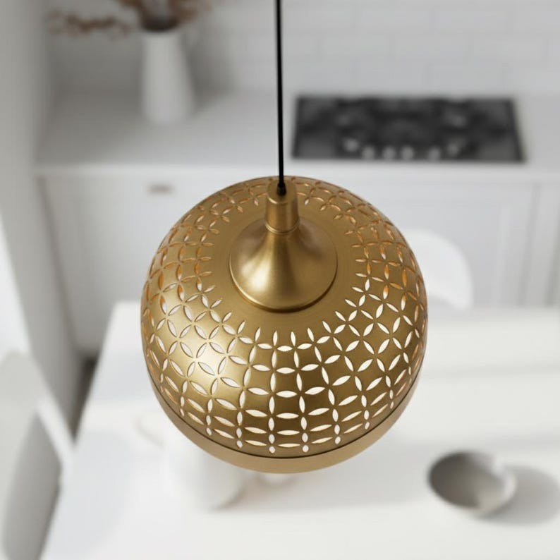 Handmade Brass Pendant Light – Moroccan Gold Dome Hanging Lamp with Geometric Cutout Pattern for Kitchen Island, Dining Room & Modern Boho Home Décor