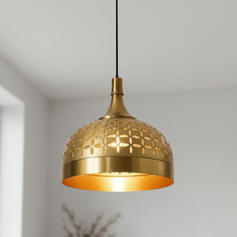 Handmade Brass Pendant Light – Moroccan Gold Dome Hanging Lamp with Geometric Cutout Pattern for Kitchen Island, Dining Room & Modern Boho Home Décor