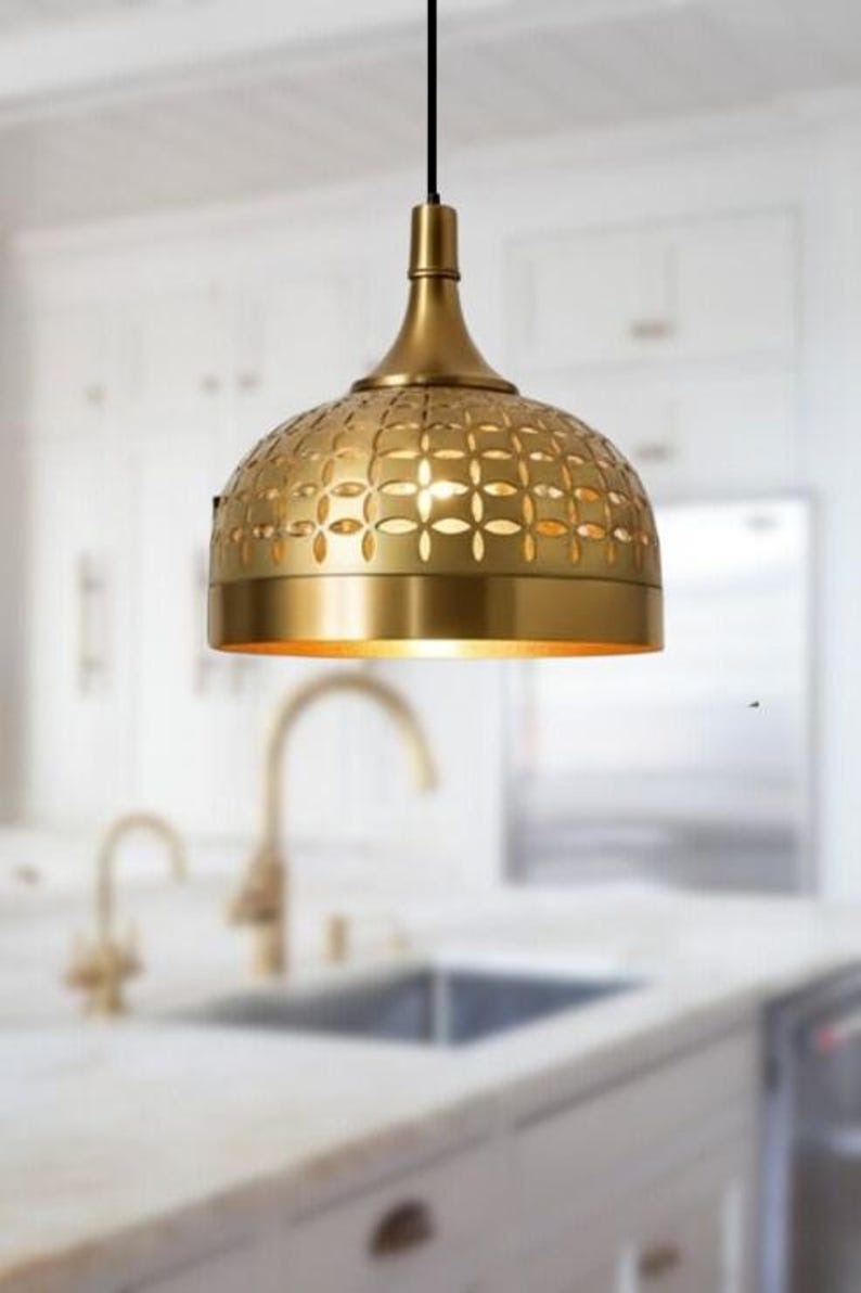 Handmade Brass Pendant Light – Moroccan Gold Dome Hanging Lamp with Geometric Cutout Pattern for Kitchen Island, Dining Room & Modern Boho Home Décor